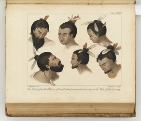 Die Köpfe von sechs Männern, Illustration aus A journal of a voyage to the South Seas : in His Majestys ship, the Endeavour, 1794